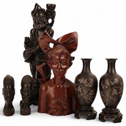 Two Oriental hardwood carvings, pair of lacquered vases, and other Oriental items