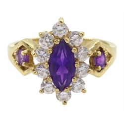 9ct gold purple and clear stone set cluster ring, hallmarked