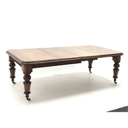  Victorian mahogany telescopic extending dining table, moulded top with rounded corners, two additional leaves, on turned and octagonal tapering supports, brass cups and castors, 120cm x 142cm - 239cm  