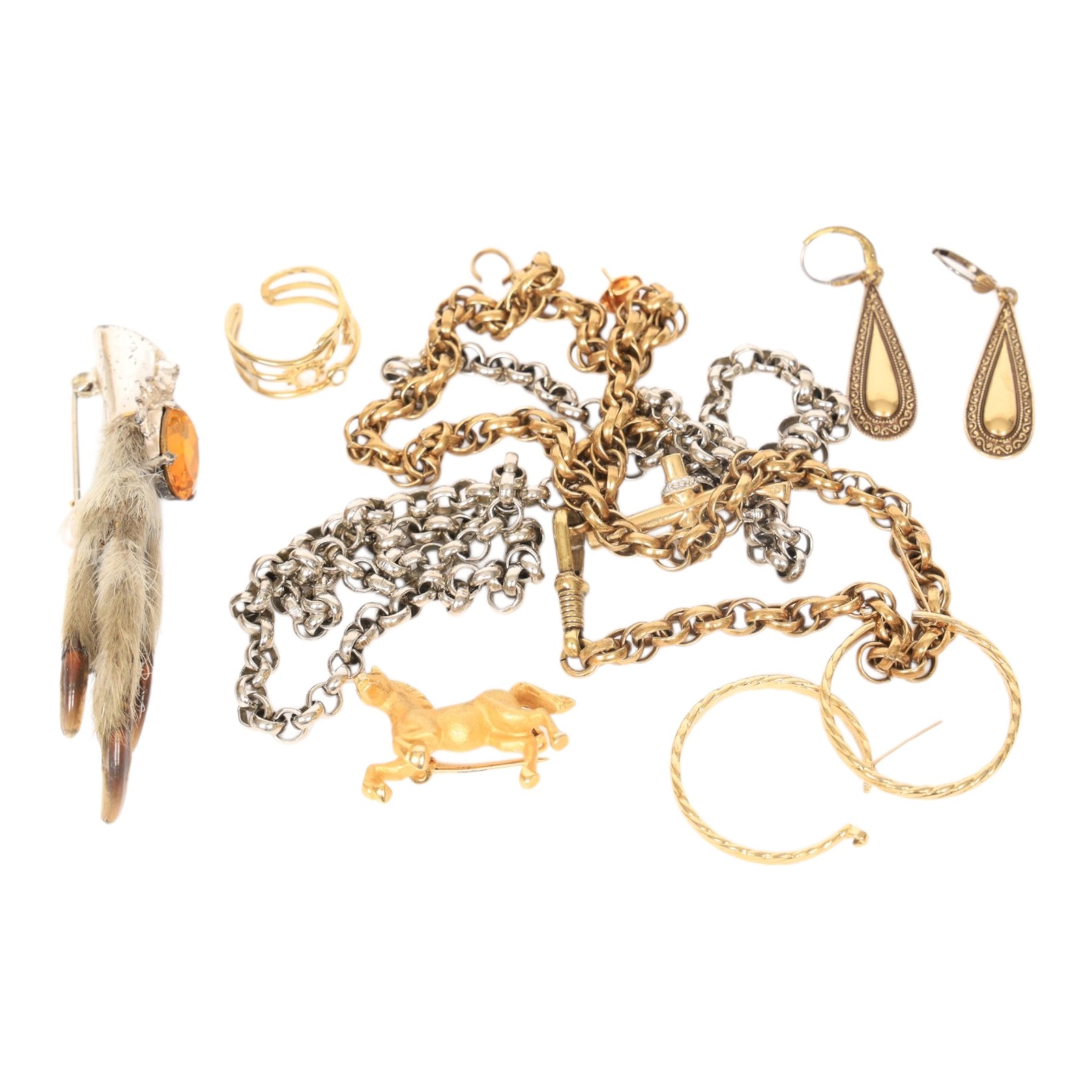 9ct gold cross set with diamond chips, stamped 9K, together with costume jewellery, including horse brooch, chains, earrings, etc
