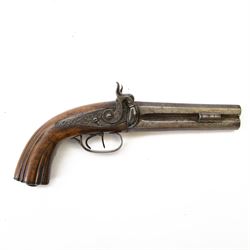 19th century double-barrelled percussion pistol, the octagonal, over and under, barrels with remains of the signature 