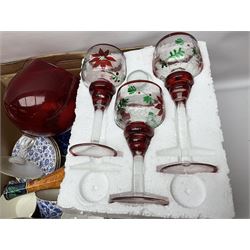 Newhall Boumier Ware vase, two Maling lustre bowlsmParagon George V commemorative cup, collection of ceramics and coloured and cut glassware, etc, in three boxes