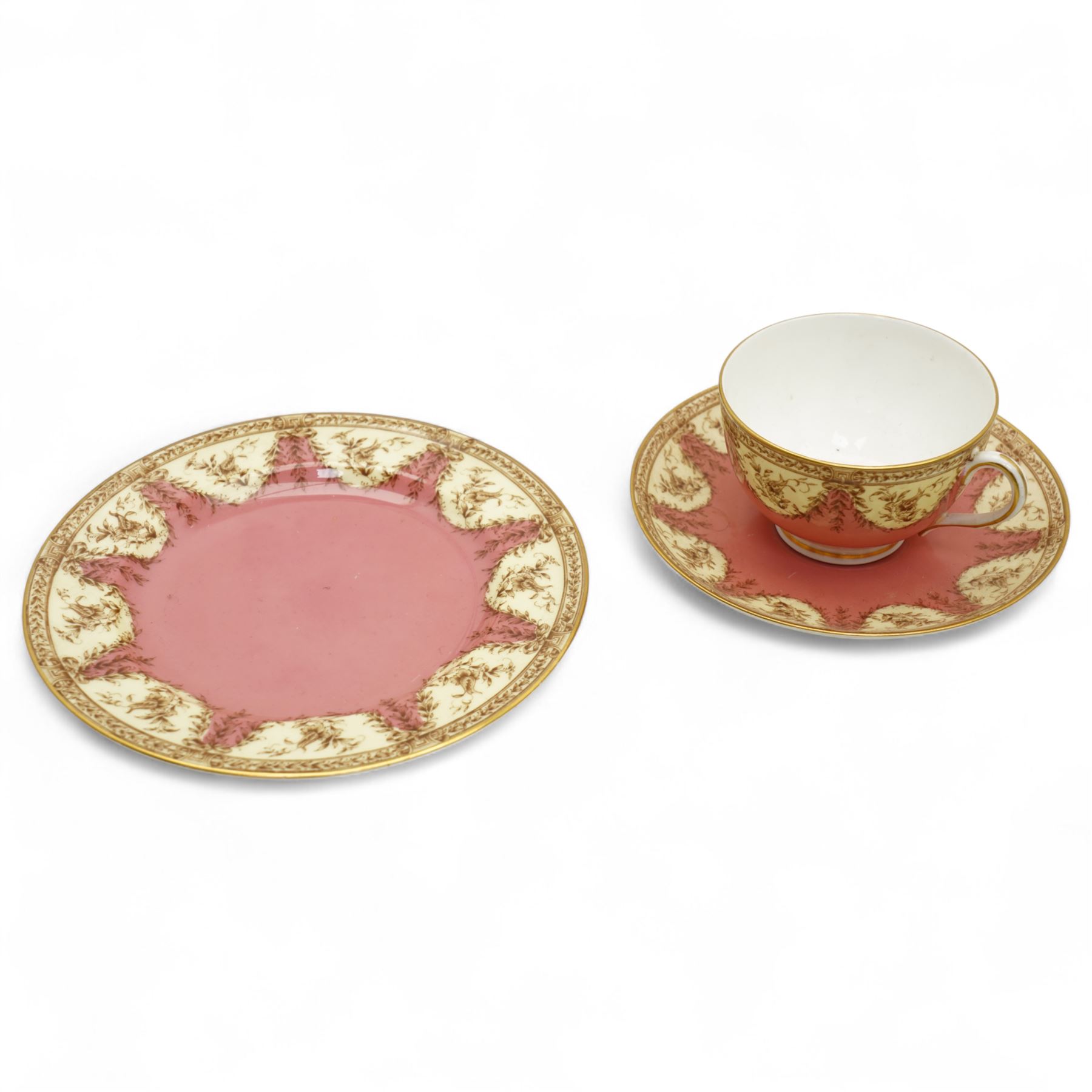 Late Victorian Royal Worcester trio of cup, saucer and plate decorated in dark blue and gilt, retailed by Henry Greene & Sons, London Bridge, two other Worcester trios and three other Worcester items