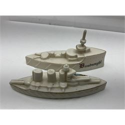 Ten WW1 crested china military models comprising submarine, four ships including Lusitania, four Zeppelins/balloons and an aircraft; various makers including Arcadian China, Swan China, Carlton China, Waterfall, Grafton China etc; various crests including Saint Neots, Great Yarmouth, Tewksbury, Swanage, Simons Town, Hull etc (10)