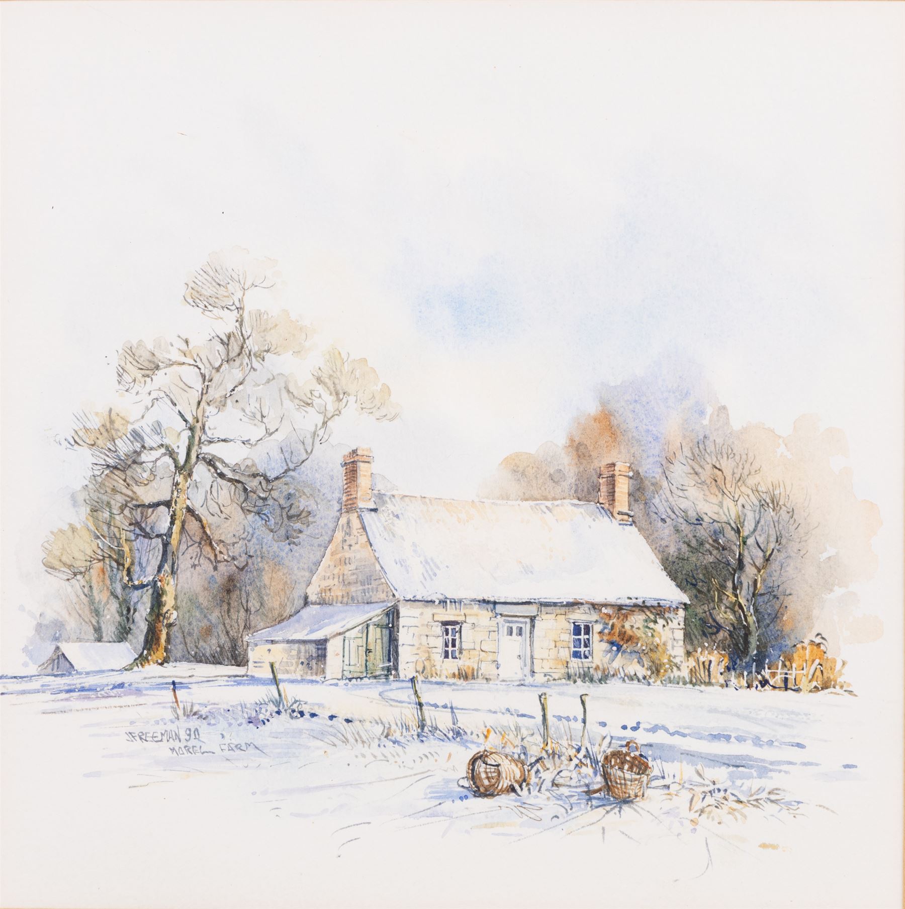 John Freeman (British 1942-): 'Morel Farm' and Farm in Winter, pair watercolours signed and dated '90, one titled, 23cm x 23cm (2)