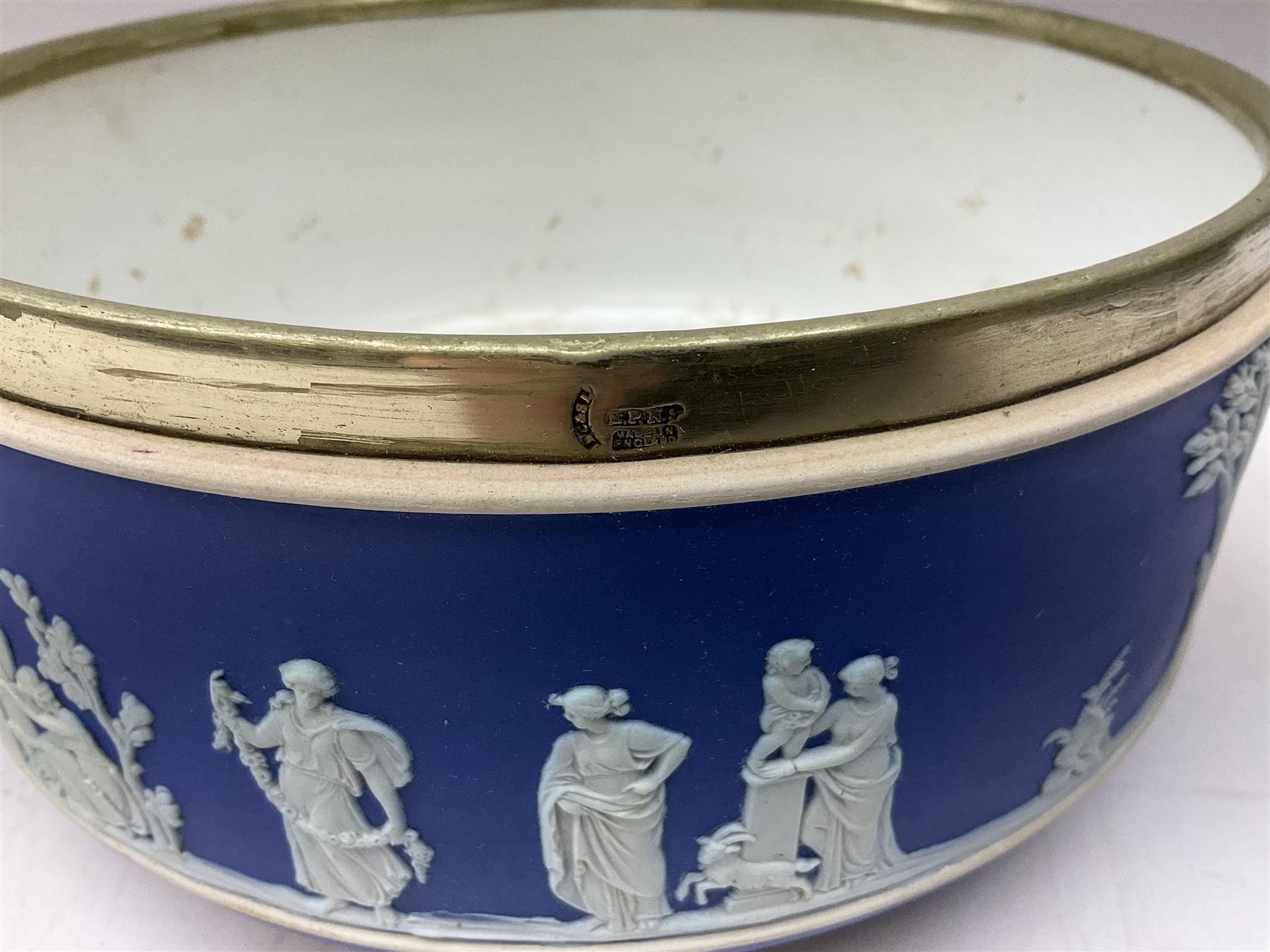 Wedgwood blue Jasperware salad bowl with silver plated collar and matching servers, bowl D22.5cm