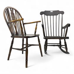 Early 20th century Windsor design rocking chair, shaped cresting rail over a spindle back, curved arms and plain seat, raised on turned supports with curved rockers; mahogany wheelback armchair raised on turned supports with H-stretcher 