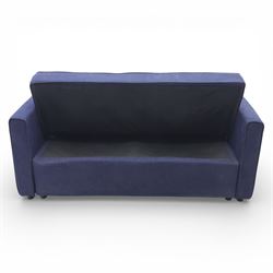 Modern two seat sofa bed upholstered in navy fabric, the rectangular back and seat divided into stitched square panels, with integrated button detailing, straight padded arms of square section, the seat back lowering and extending drawer base to form a sleeping platform