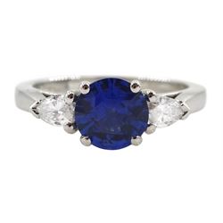 Platinum round Ceylon sapphire and pear shaped diamond three stone ring, hallmarked, sapphire approx 1.50 carat