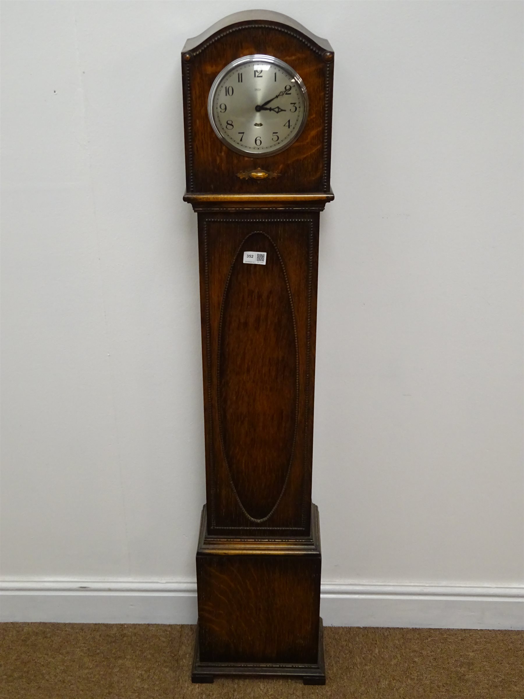 Early 20th century oak granddaughter clock, silvered dial Arabic