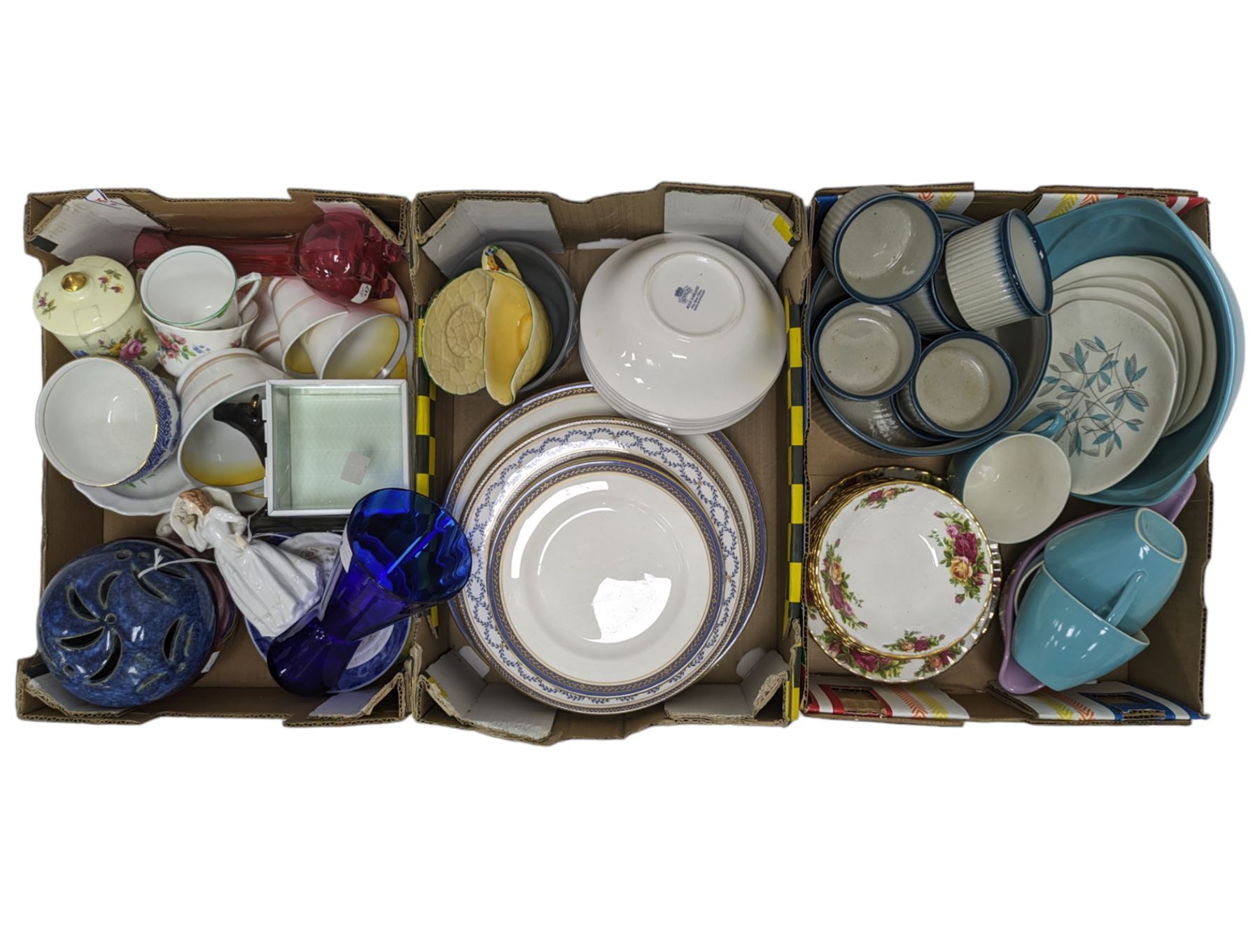 Royal Doulton figure Joy, Royal Albert Old Country Roses ceramics, Aynsley Blue Garland dinner wares, and a collection of other ceramics, in two boxes 