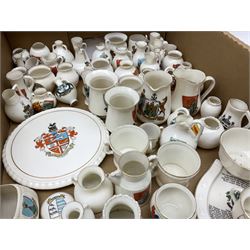 Collection of W H Goss crested ware, to include Yorkshire Roman Ewer, Scarborough ancient jug, salt and pepper shakers, Norwegian horse shaped beer bowl, The Old Horse Shoe, etc, together with five Shelley examples modelled as piano, boat, heart shaped box, etc, in two boxes 