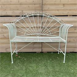 Wrought metal green finish sunrise bench, stapped seat
 - THIS LOT IS TO BE COLLECTED BY APPOINTMENT FROM DUGGLEBY STORAGE, GREAT HILL, EASTFIELD, SCARBOROUGH, YO11 3TX