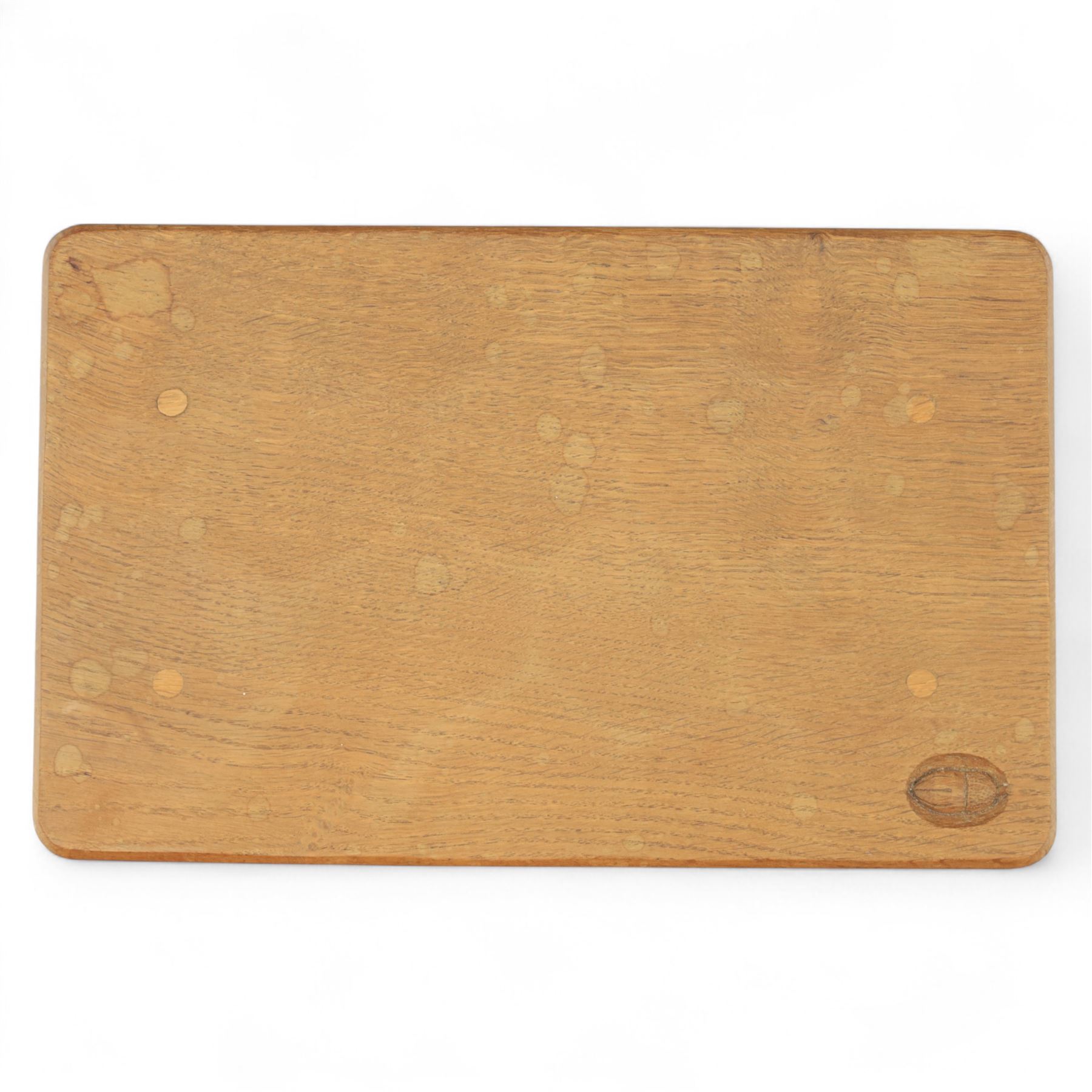Acornman - adzed oak occasional table, rectangular top with exposed pegged joints and chamfered edges, raised on square chamfered legs, with signature carved acorn, by the workshop of Alan Grainger, Brandsby
