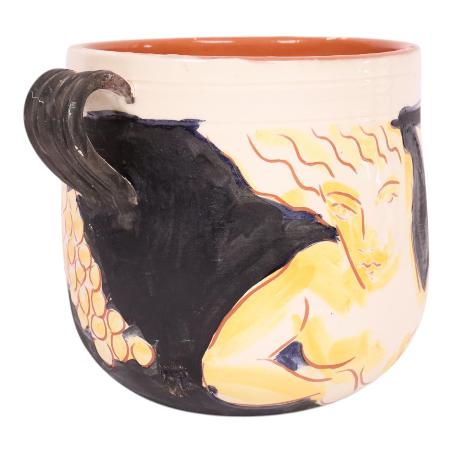 Vallauris French pottery by Patrick Bocca Rossa, twin handled jardinière decorated with figures, H25cm 