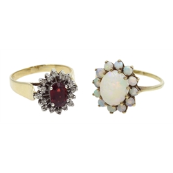  Gold opal cluster ring and a garnet and diamond cluster ring, both hallmarked 9ct   