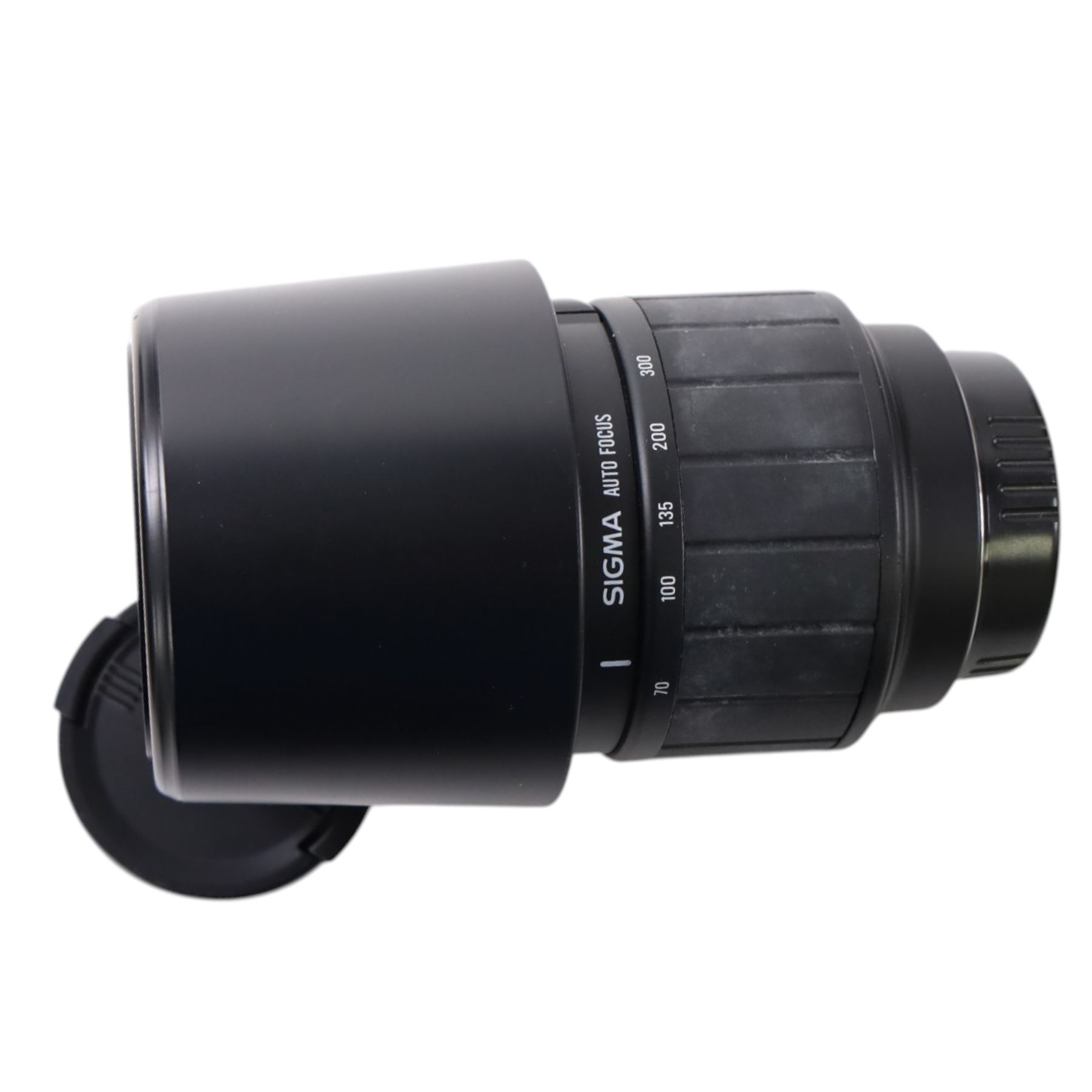 Eight camera lenses, comprising Canon Ultrasonic Zoom EF 75-300mm 1:4-5.6 lens, AF Nikkor 35-70mm 1:3.3-4.5 lens, Nikkor 60-180mm 1:4.5-5.6 lens, Canon Zoom EF 28-80mm 1:3.5-5.6 lens, Canon Zoom EF 80-200mm 1:4.5-5.6 lens, Sigma 70-300mm 1:4.6-5.6 DL Macro, Sigma Zoom 70-210mm 1:4-5.6 UCII lens and a Sigma AF 70-300mm 1:4-5.6 APO Macro lens, all with lens caps