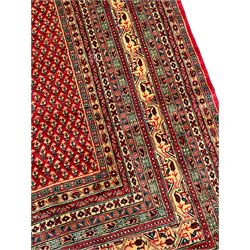 Persian Arak crimson ground carpet, the field decorated profusely with small repeating Boteh motifs, enclosed by multiple border bands decorated with repeating geometric and hook motifs