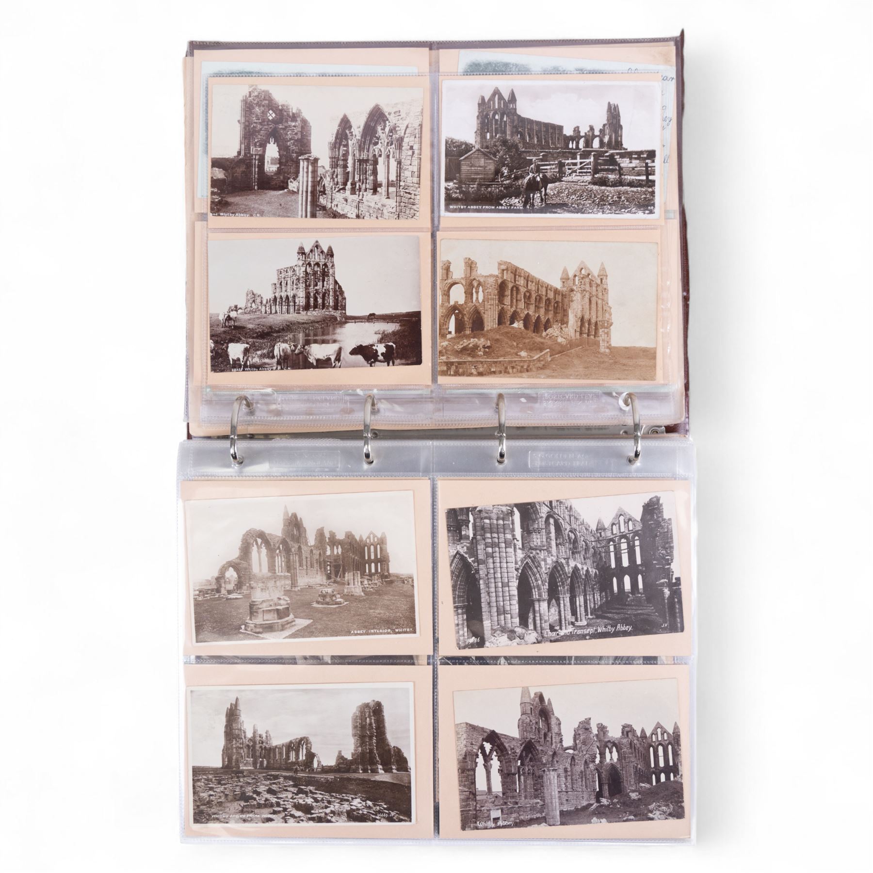 Two-hundred and thirty eight early 19th century to 20th century Whitby view postcards, including twenty-four early 19th century court cards, seventeen views of Whitby Abbey, forty depicting the fishing fleet and harbour, with a selection of cards providing a detailed study of the early 'Yards' the fisherman's dwellings around the harbour, all housed within a Stanley Gibbons Picture Postcard Album