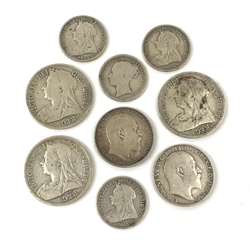 Three Queen Victoria half crown coins, 1896, 1898 and 1901, four shillings, 1872, 1893, 1894 and 1898 and two King Edward VII standing Britannia florins dated 1903 and the other illegible, total weight approximately 85 grams