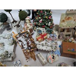 Dolls house conservatory and garden accessories, including sofa and chairs, trees, plants, paintings, Christmas decorations, etc 