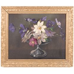 Manner of Margaret Evangeline Wilson (British 1890-1977): Still Life of Purple Flowers in a Glass Vase, oil on board unsigned 40cm x 50cm