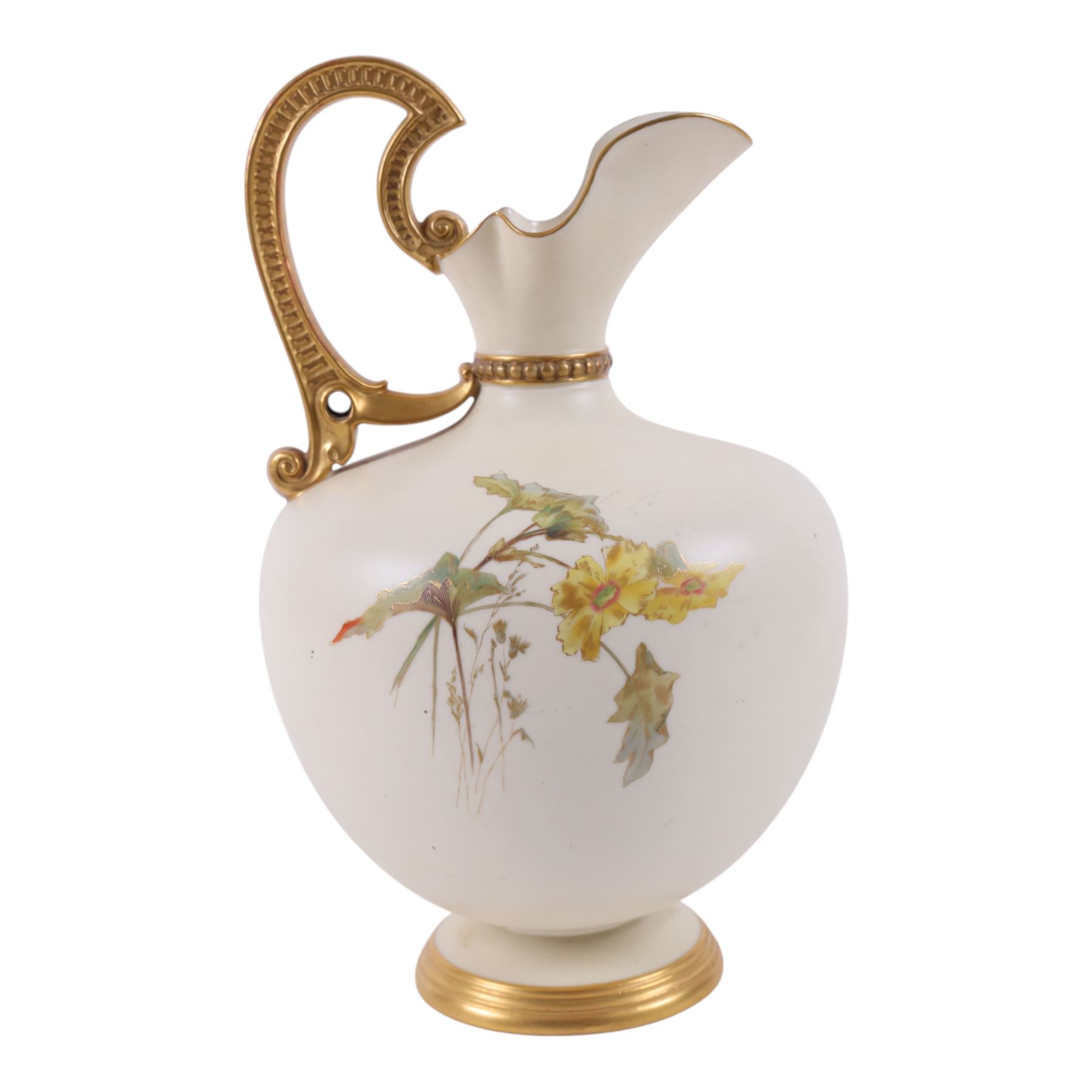 Royal Worcester, large blush ivory ewer decorated with floral sprigs, shape 1227, together with quatrelobe coral jug, decorated with wisteria shape 1507, H30cm