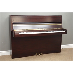  Modern 'Fazer' mahogany cased upright piano, iron framed and overstrung, W145cm, H109cm, D54cm  