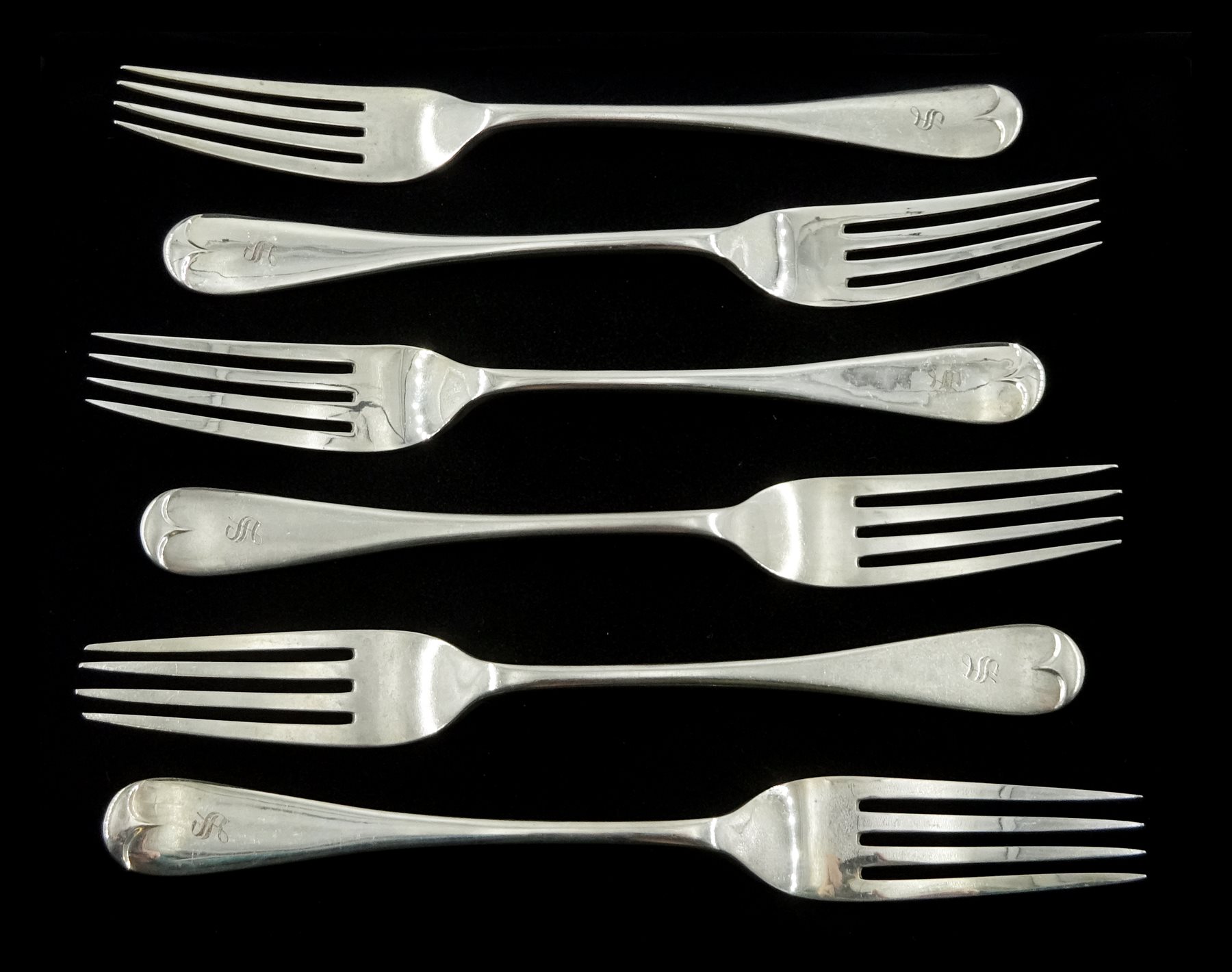 Set of six Victorian silver forks, Old English and Pip pattern, with engraved initial 'S' by