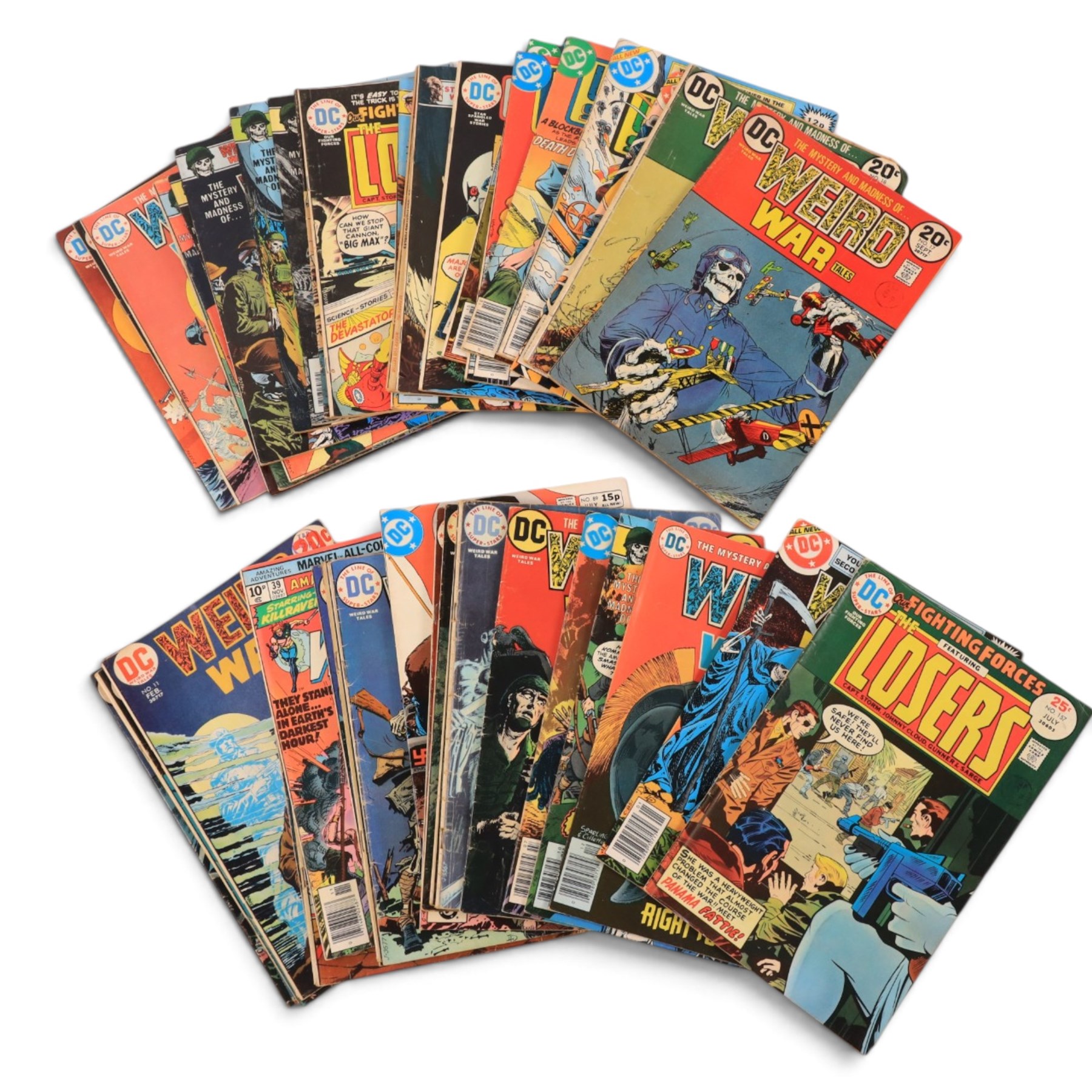 Collection of Bronze Age and later DC war and similar comic books, titles including Weird War, Scalphunter, GI Combat, The Unknown Soldier, Men of War, Sgt Rock , Losers, etc etc