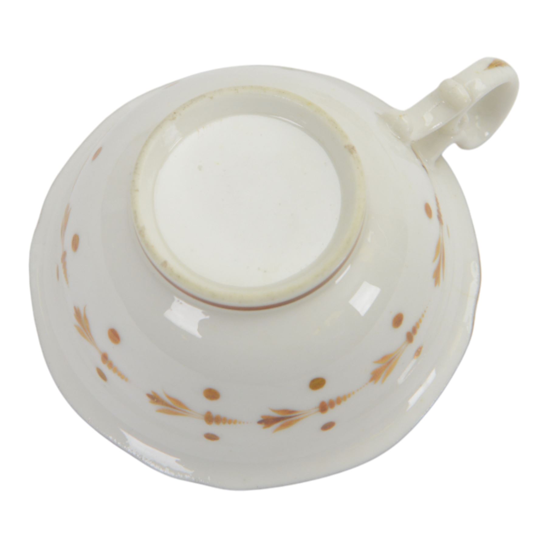 H&R Daniel, pair of trios, coffee cup, teacup and a saucer, circa 1826
pattern 4057, 'Second Gadroon Variation A', painted with fine foliate sprays and gilt hatched reserves, coffee cup including handle H8cm, saucer D14cm