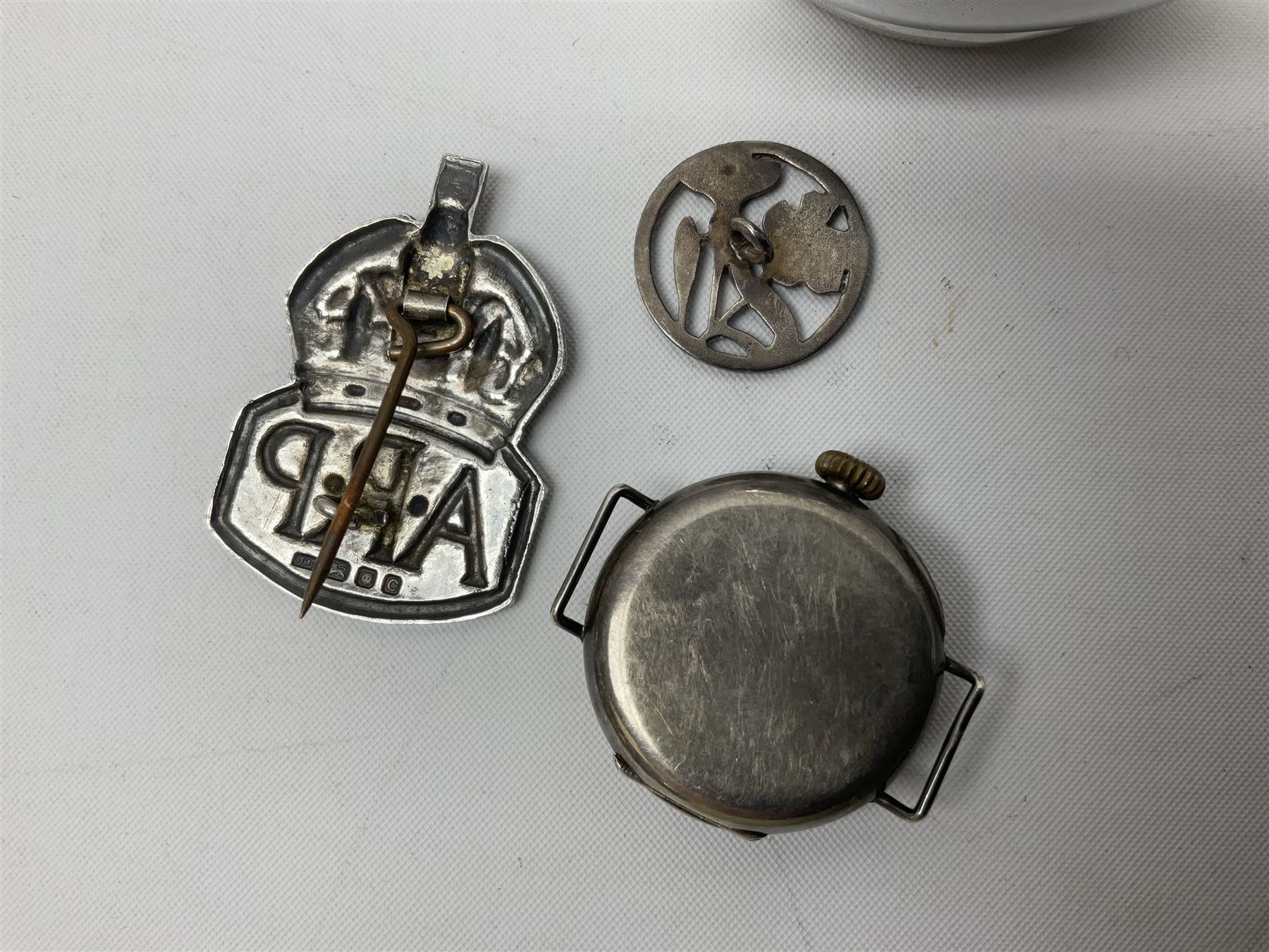 Pair of Georgian silver dress buttons, silver caddy spoon, silver fob medals, silver watches, set of six silver plated teaspoons, set of gilt buttons with ship design, etc