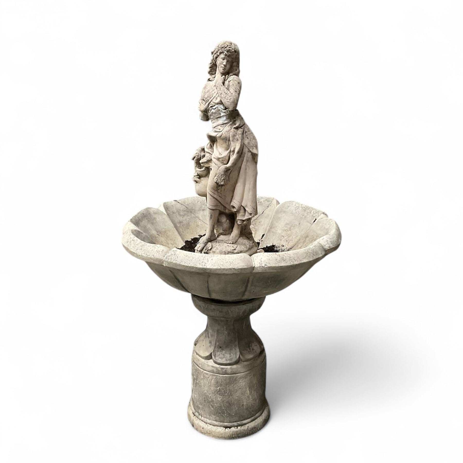 Cast stone garden centre-piece bird bath with raised female figure
