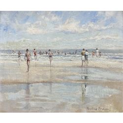 Pauline Brown (British 1926-): 'Bathers at Low Tide', oil on board signed, titled verso 24cm x 30cm