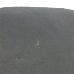 Ethan Allen - 'Radius' pair of stools and three chairs, metal pierced back with spiral cut out, plush blue velvet seat, raised on metal tapering supports