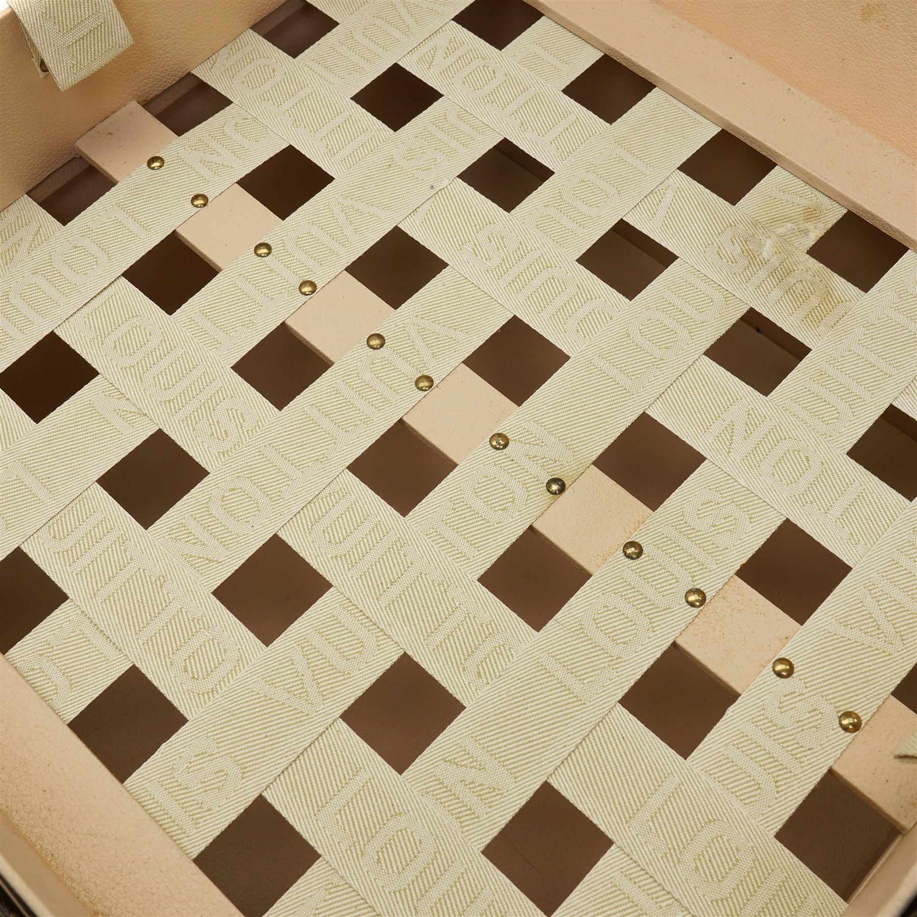 Mid-20th century Louis Vuitton monogram cabin trunk,  monogram canvas with lozine trim and brass mounts, single front leather handle with lock stamped Louis Vuitton with key code 1080701, the interior fitted with original webbing straps and lift-out tray, label to lid printed 'Avenue Marceau 78bis - Paris Nice - 2 Avenue de Suède' serial number 953998, circa1960s, with original key present
