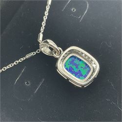 Silver blue opal and cubic zirconia cluster pendant necklace, stamped 925, boxed 