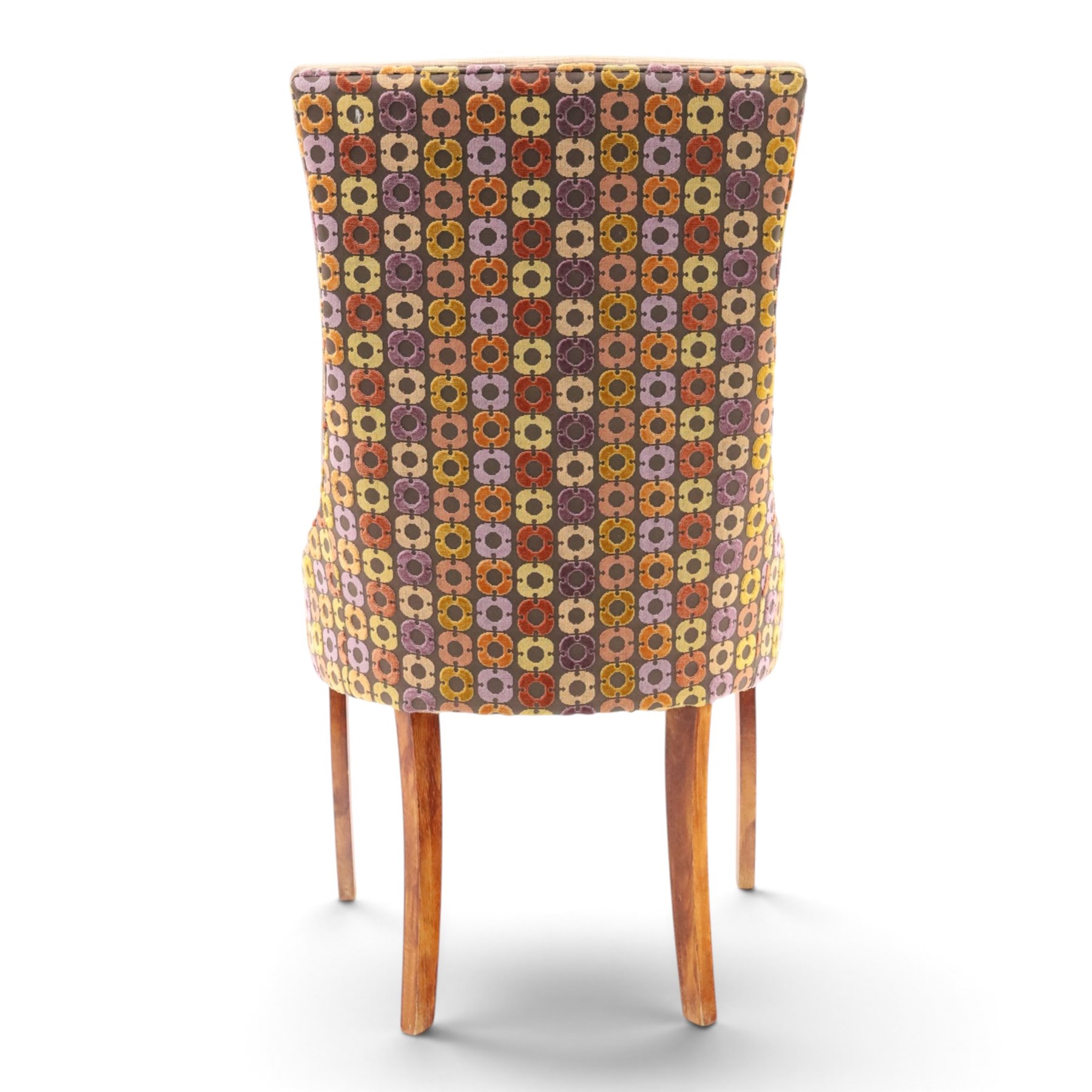 Barker & Stonehouse - cherrywood oval extending dining table and four upholstered chairs, the table with additional leaf extended to cm, raised on a turned column above swept supports, the chairs with brown upholstery and multi-coloured geometric design