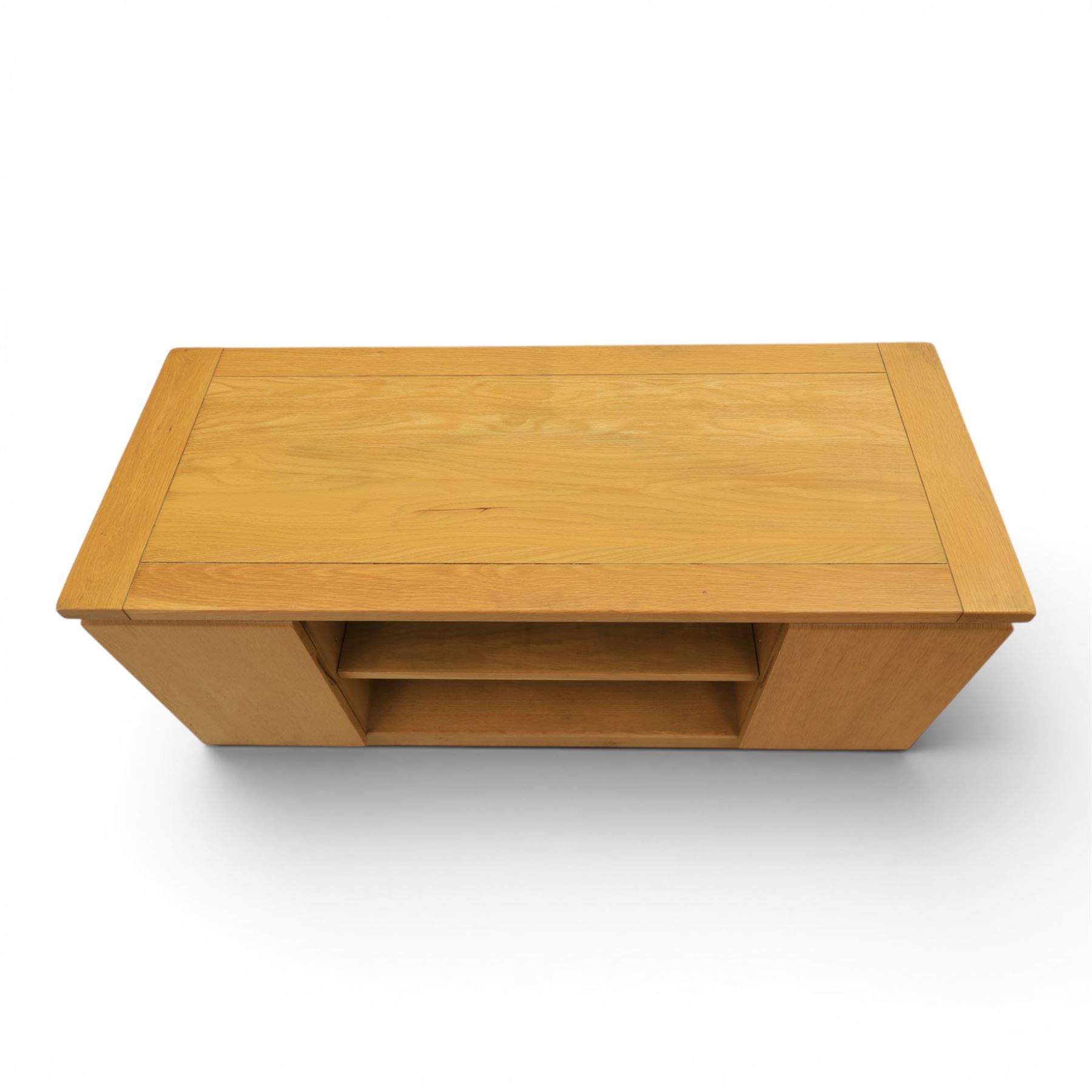 Contemporary light oak television or media unit, two cupboards and two open shelves