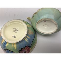 Clarice Cliff for Newport Pottery Delicia pattern bowl, D20cm, Victorian Wedgwood oval tea pot retailed by Goode & Co and in the Bamboo pattern and three other items
