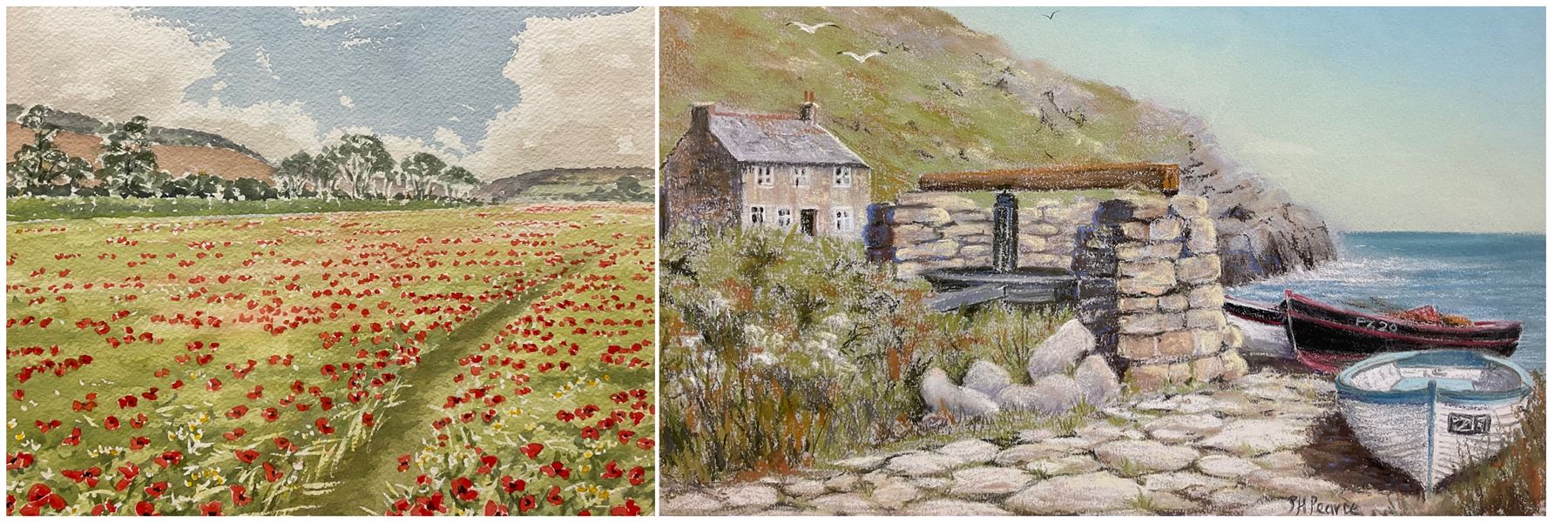 Eleanor Ludgate (British, 20th century): 'Poppy Field Near Ottery St Mary', watercolour signed, labelled and dated 1991 verso; P H Pearce (Cornwall 20th century): Penzance Boats on Coast, pastel signed max 24cm x 34cm (2) 