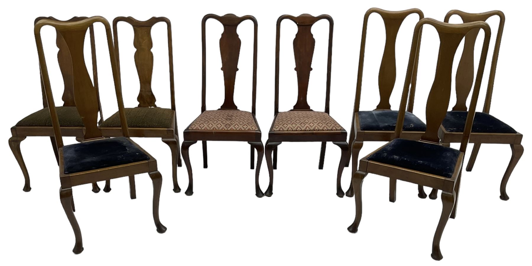 Matched set of fourteen early 20th century mahogany dining chairs, shaped cresting rail over shaped splat, upholstered drop-in seat, on cabriole front supports 