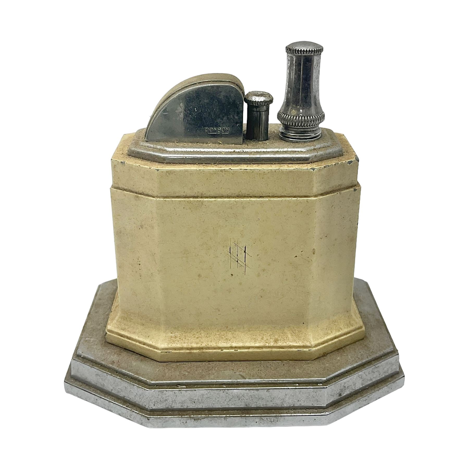 Art Deco Ronson Touch Tip table lighter, with octagonal cream enamel body on chrome base, H9.5cm