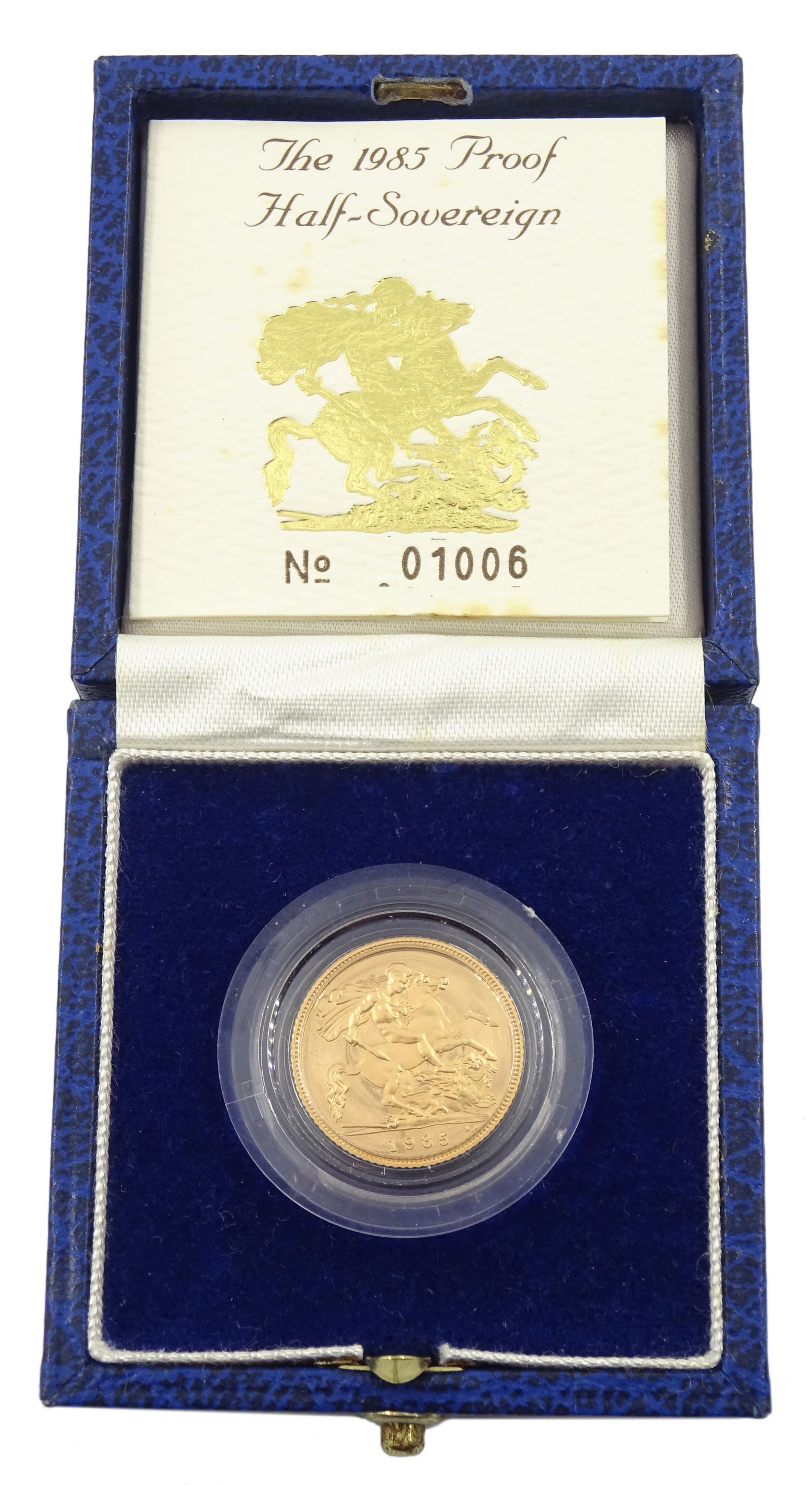 Queen Elizabeth II 1985 gold proof half sovereign coin, cased with certificate