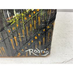 Alvaro Rodriguez (Spanish Contemporary): Aerial View of the Thames at London, impasto oil on canvas signed, artist's address card verso 76cm x 46cm