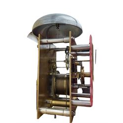 Eight-day weight driven wall clock to the constructional design of John Wilding, with a brass sheet dial and fretted Roman numerals, pierced steel hands and seconds hand, brass movement plates with steel pillars, lantern pinions and brass wheels, mahogany veneered case with a sliding hood and wall bracket, with pulley, brass cased weight and pendulum.
The movement was designed for a passing strike which has been disconnected, the maker must have intended to use Henry Wards hourly striking mechanism which John Wild fitted to his movement. Many of the components are present but not fitted to the movement. With a copy of John Wildings construction book “How to make a Weight Driven Eight Day wall clock”
