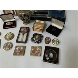 Art Deco style blue guilloche dressing table set in fitted box and another similar, farmed miniature portraits, mirror compacts etc