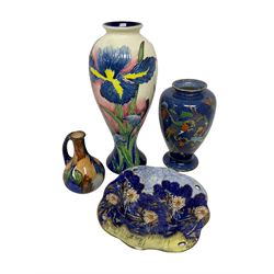 Old Tupton vase decorated with iris pattern, a footed dish, and two other vases 