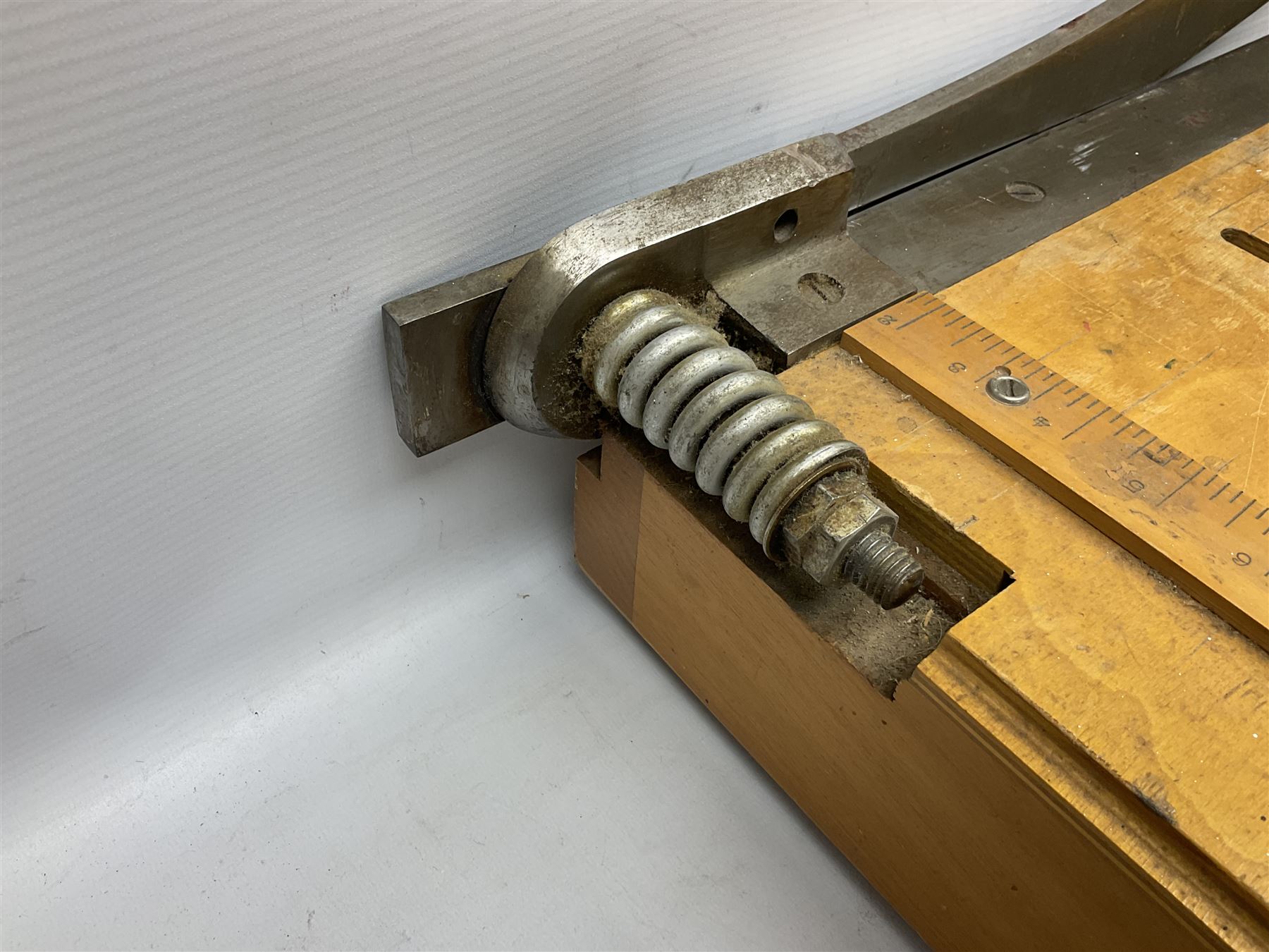 Coal bucket painted with flowers together with pair of bellows, boot scraper in the form of a beetle, wooden guillotine, composite table lamp with tassel lampshade and one other