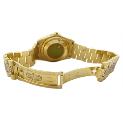  Rolex Oyster Perpetual Day-Date gentleman's 18ct gold diamond set automatic wristwatch,  diamond set black dial, diamond set bezel, lugs and bracelet, model no. 118388, serial no. K591552  